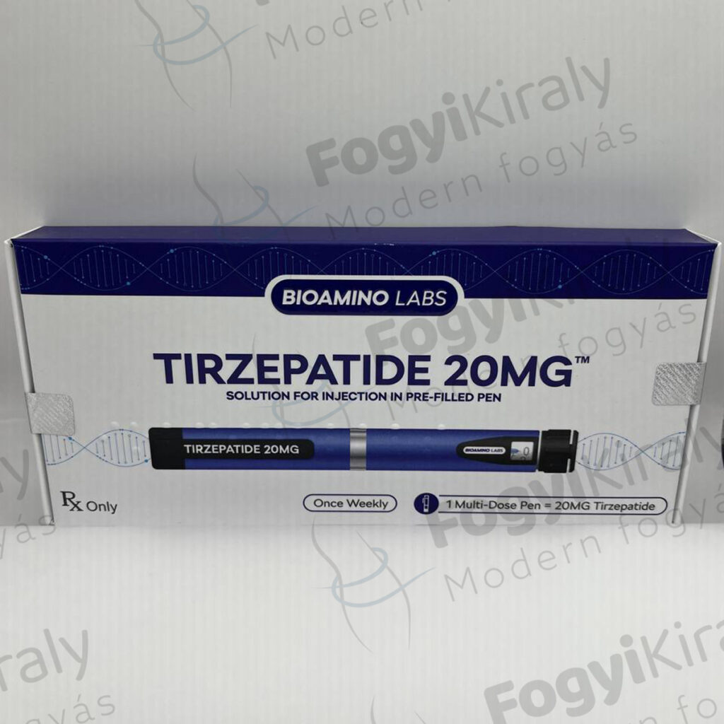 Bioamino Labs Tirzepatide 20 mg előretöltött injekciós toll doboza Bioamino Labs Tirzepatide 20 mg előretöltött injekciós toll doboza elölnézetből, testsúlykezelési termékoldalhoz