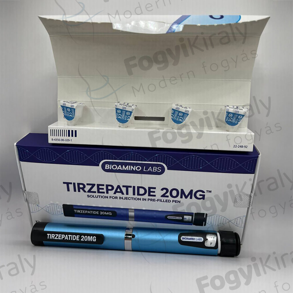 Bioamino Labs Tirzepatide 20 mg előretöltött injekciós toll nyitott dobozzal és termékcsomagolással
