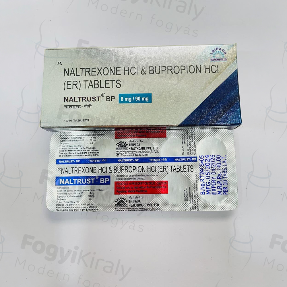 Mysimba 8/90 mg hatóanyag-kombinációjú NALTRUST-BP tabletta dobozzal és bliszteres csomagolással