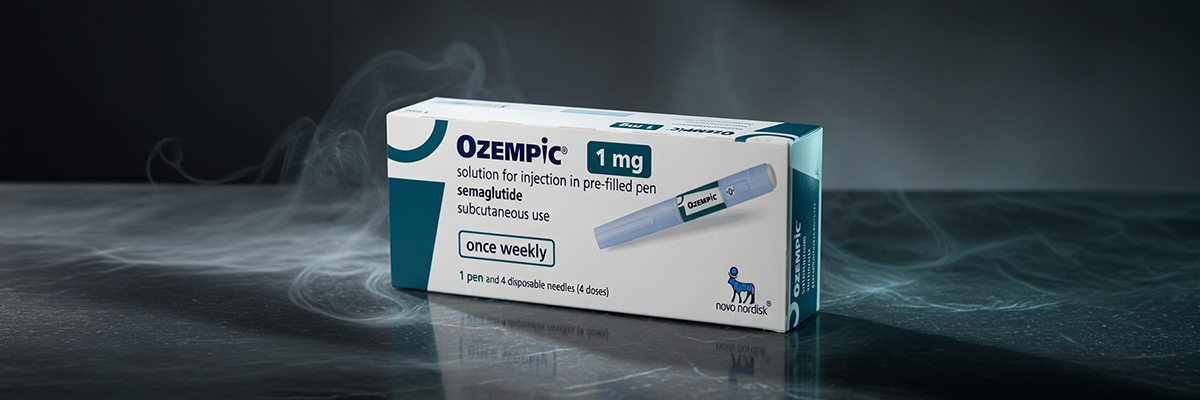 Ozempic 1mg előretöltött injekciós toll doboza sötét hátterű termékfotón, semaglutide hatóanyaggal.