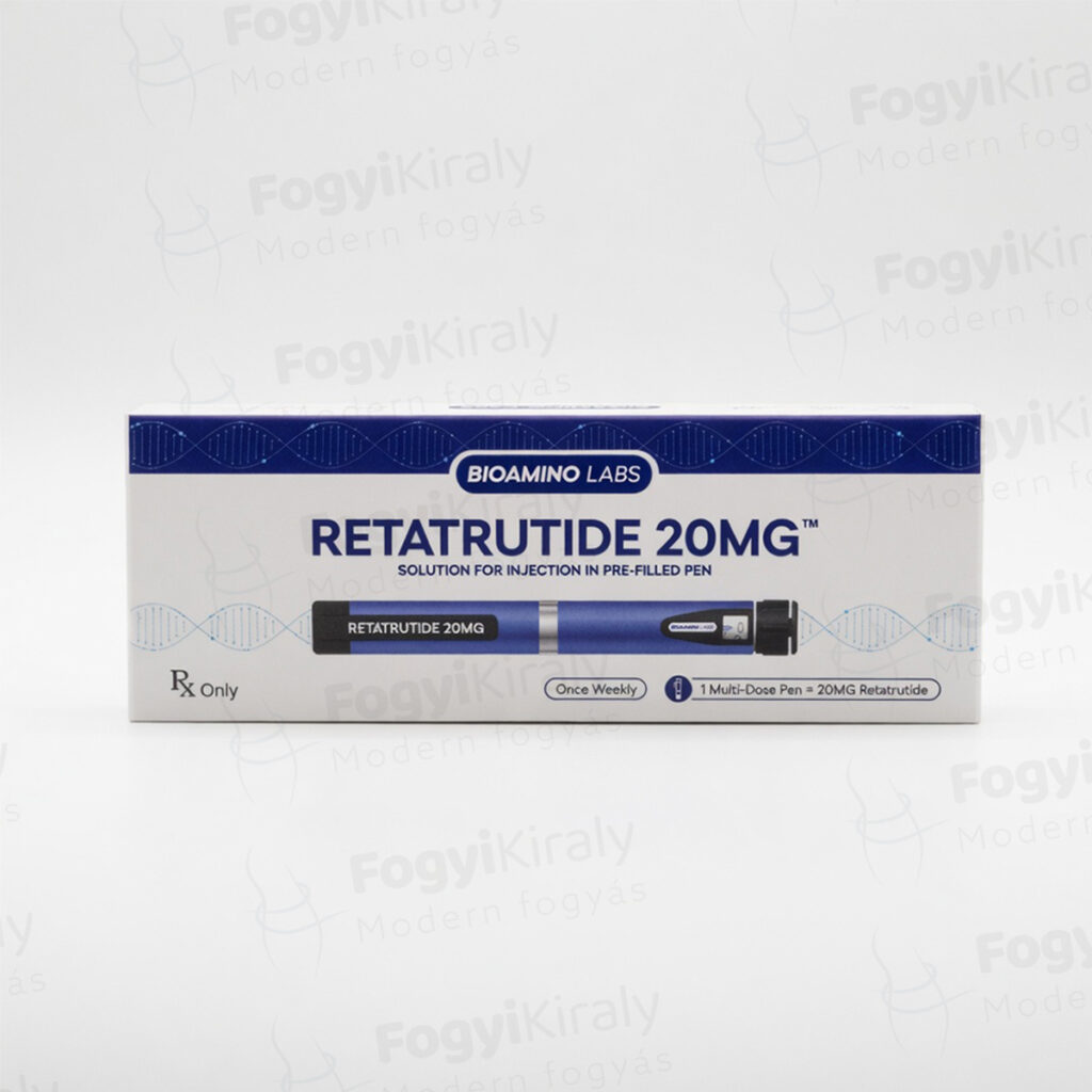 Retatrutide 20mg Bioamino Labs termékdoboz elölnézetből, előretöltött injekciós toll jelöléssel.