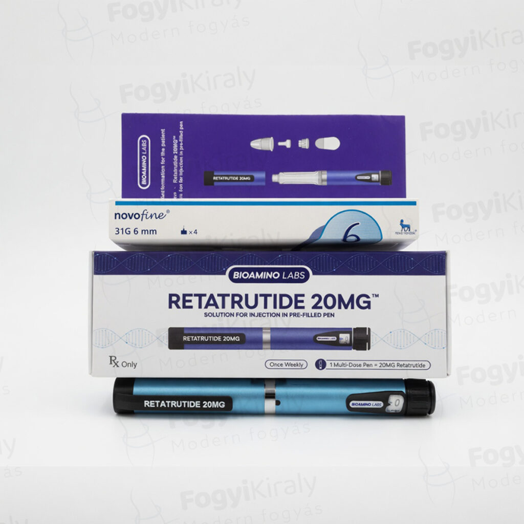 Retatrutide 20mg előretöltött injekciós toll Bioamino Labs dobozzal és kiegészítő csomagolással, injekciós pen kiszerelésben.