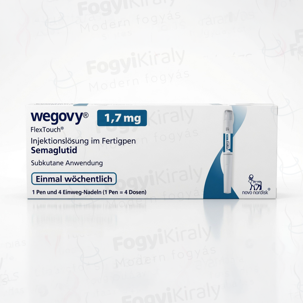 Wegovy 1.7 mg előretöltött injekciós toll dobozos kiszerelésben, semaglutid hatóanyaggal és heti alkalmazási jelöléssel.
