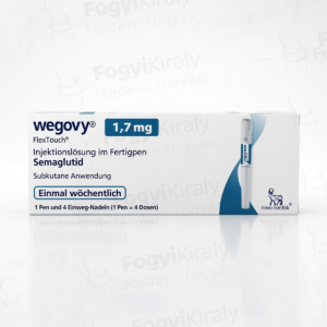 Wegovy 1.7 mg előretöltött injekciós toll dobozos kiszerelésben, semaglutid hatóanyaggal és heti alkalmazási jelöléssel.